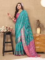Lorenvalley Fashion Firozi Patola Silk Woven Design with Zari Meenakari Weaving motifs motifs Pallu Saree