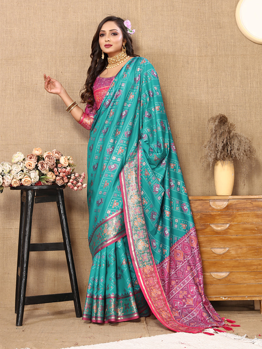 Lorenvalley Fashion Firozi Patola Silk Woven Design with Zari Meenakari Weaving motifs motifs Pallu Saree
