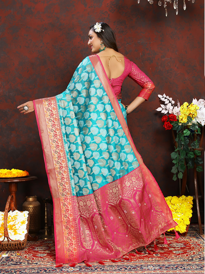 Lorenvalley Fashion Firozi Organza Silk Woven Design with Rich Meenakari Weaving Pallu Saree