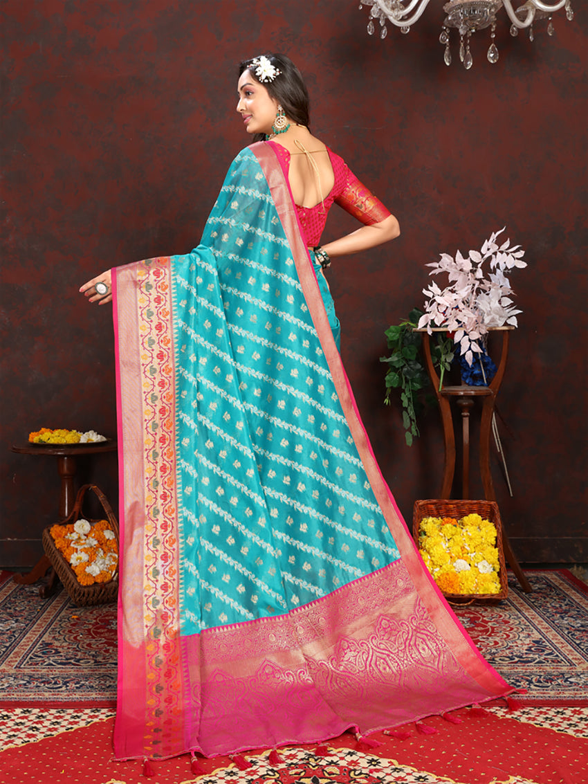 Lorenvalley Fashion Firozi Organza Silk Woven Design with Rich Meenakari Weaving Pallu Saree