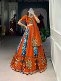 Lorenvalley Firozi Rayon and Printed Silk with Plain And Printed With Original Mirror Gamthi Work And Gamthi Patch Work Lehenga Choli