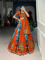 Lorenvalley Firozi Rayon and Printed Silk with Plain And Printed With Original Mirror Gamthi Work And Gamthi Patch Work Lehenga Choli