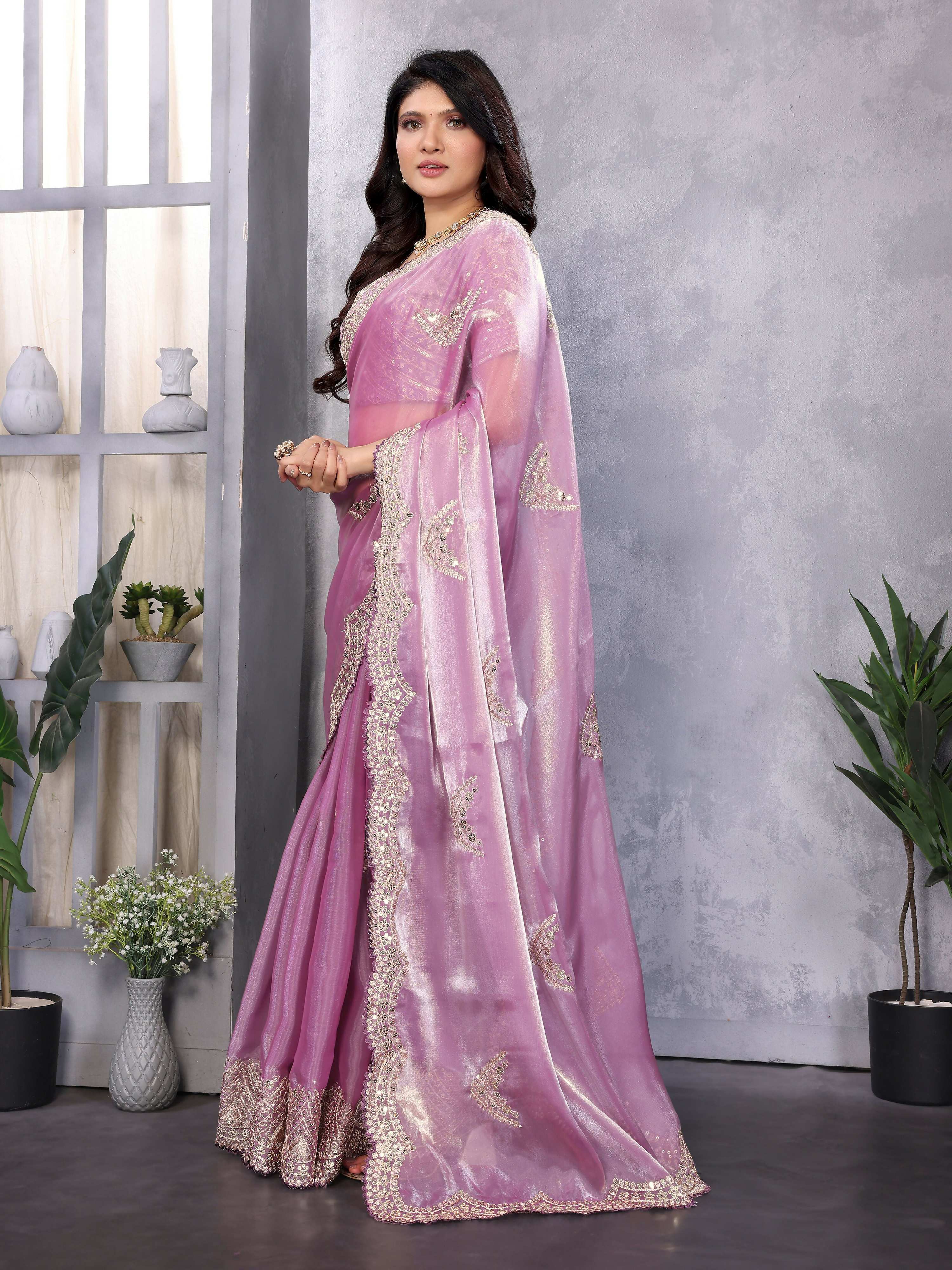 Vastranavya Lavender Embroidery Work Shimmer Chiffon Saree with Unstitched Blouse - Distacart