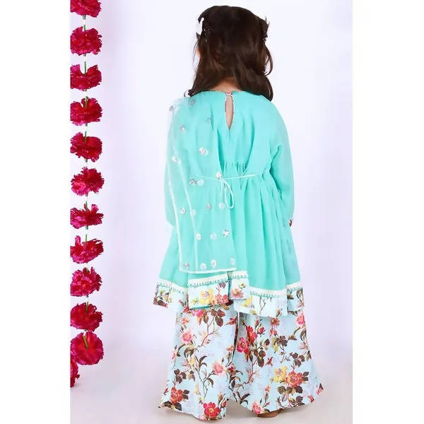 Little Bansi Girls Blue Color Floral print Kurta Frock with Floral Palazzo and Dupatta