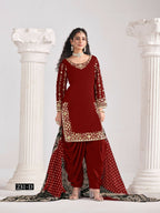 Anaita Red Roman Silk Stitched Suit with Embroidery & Real Mirror Work - Distacart