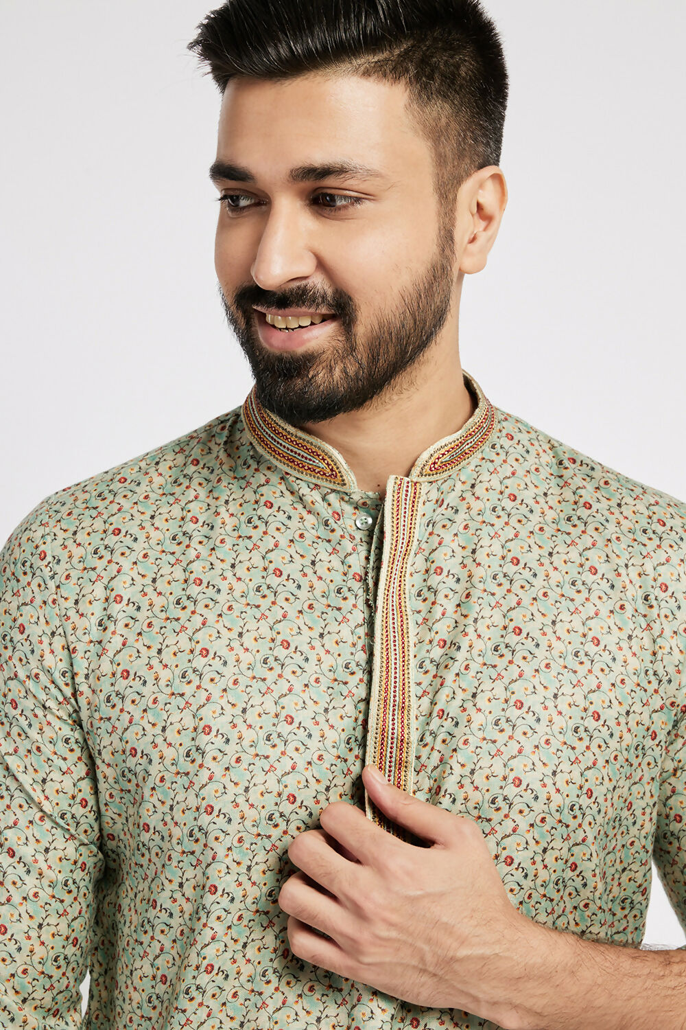 Ethnic India Blue Men's Kurta Floral Polyester