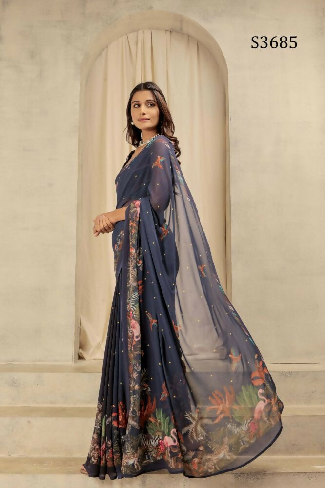 Navy Blue Georgette Designer Printed Party Wear Saree - Cinderella