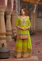 Anaita Parrot-Green Chinon Readymade Palazzo Suit with Codding Dori & Sequence Work - Distacart