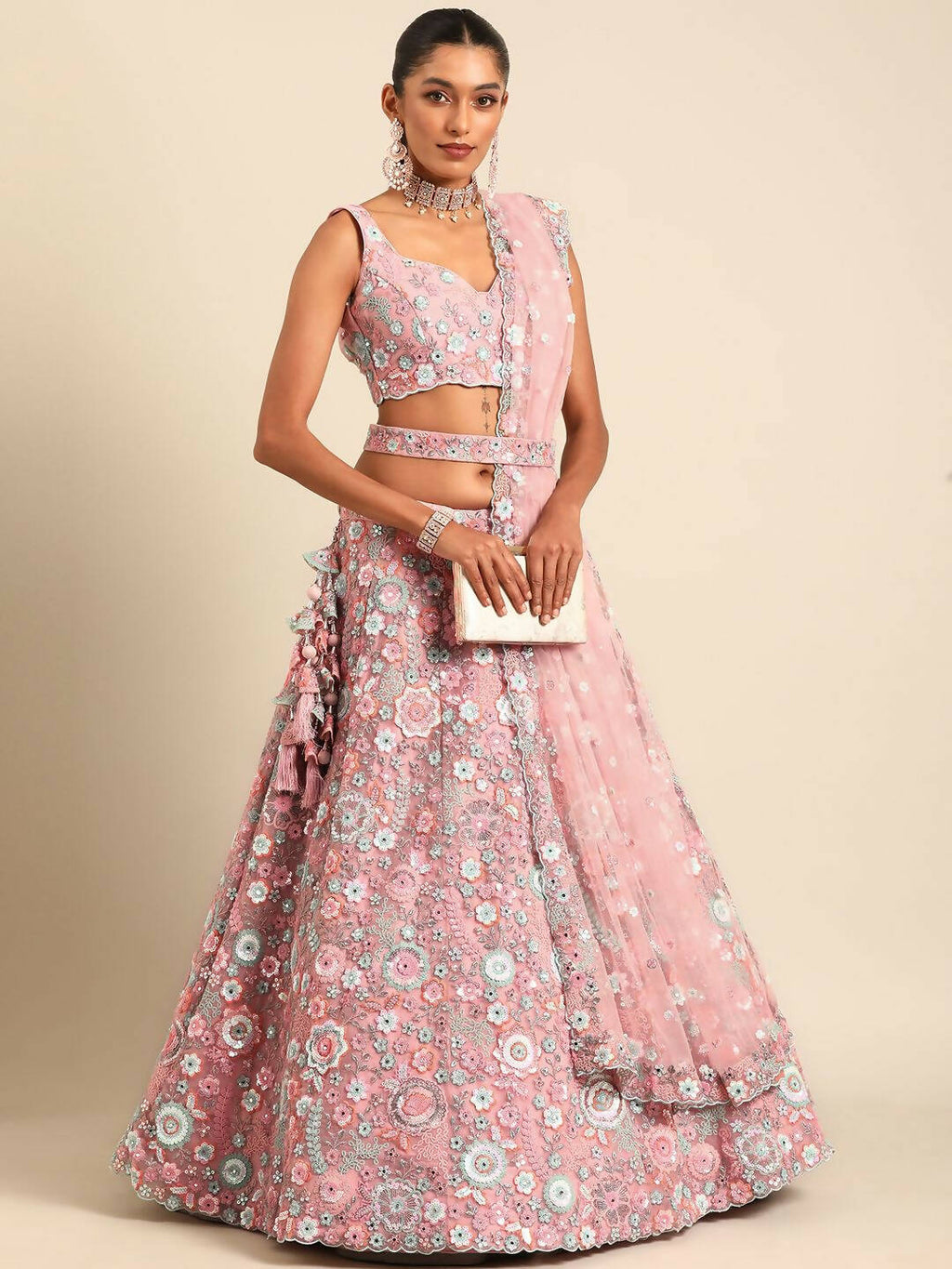 House of Panchhi Pink Net Sequins, Mirror and thread embroidery Lehenga choli & Dupatta