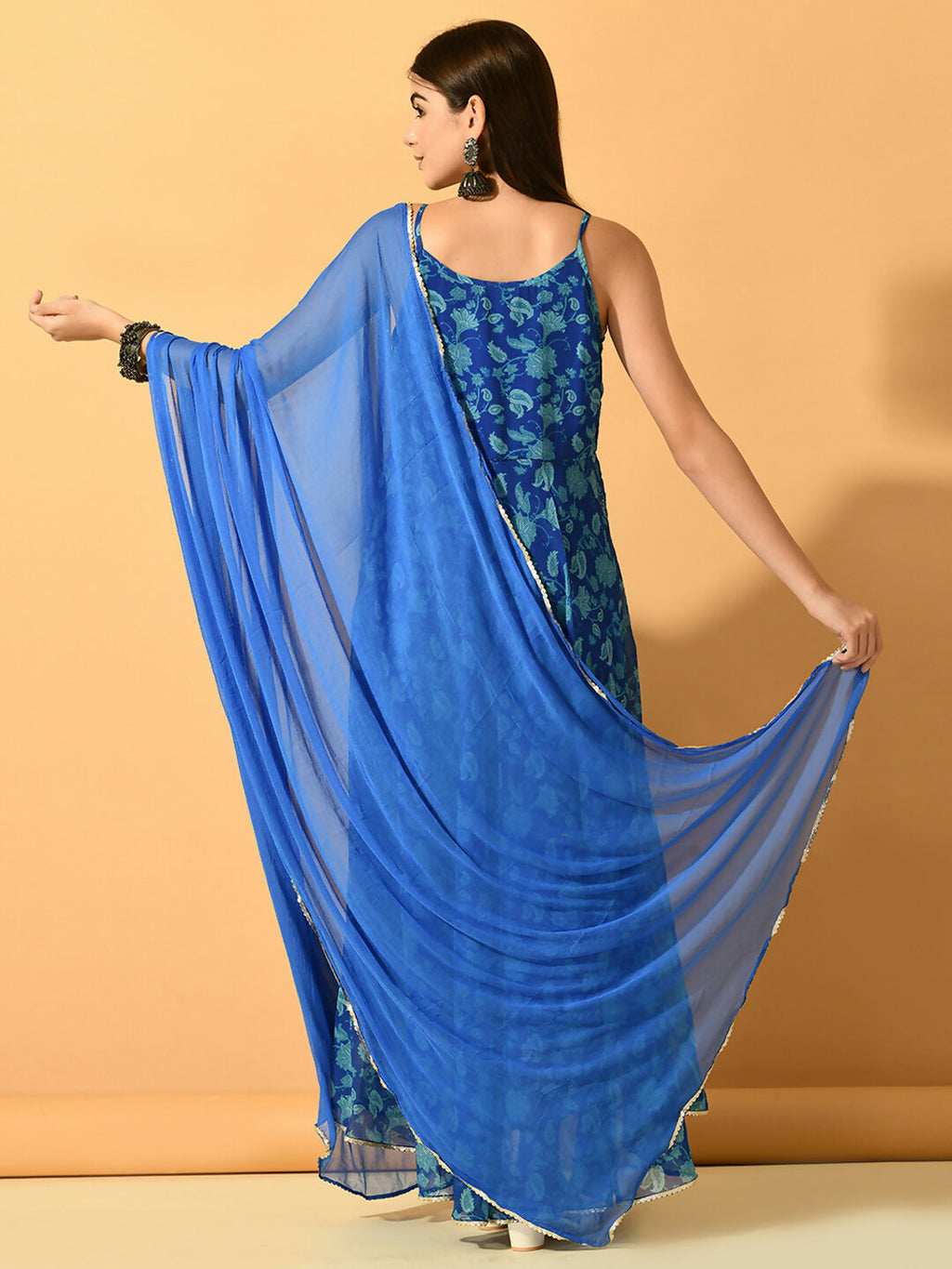 Myshka Women's Blue Festive Flared Anarkali Kurta With Dupatta sets