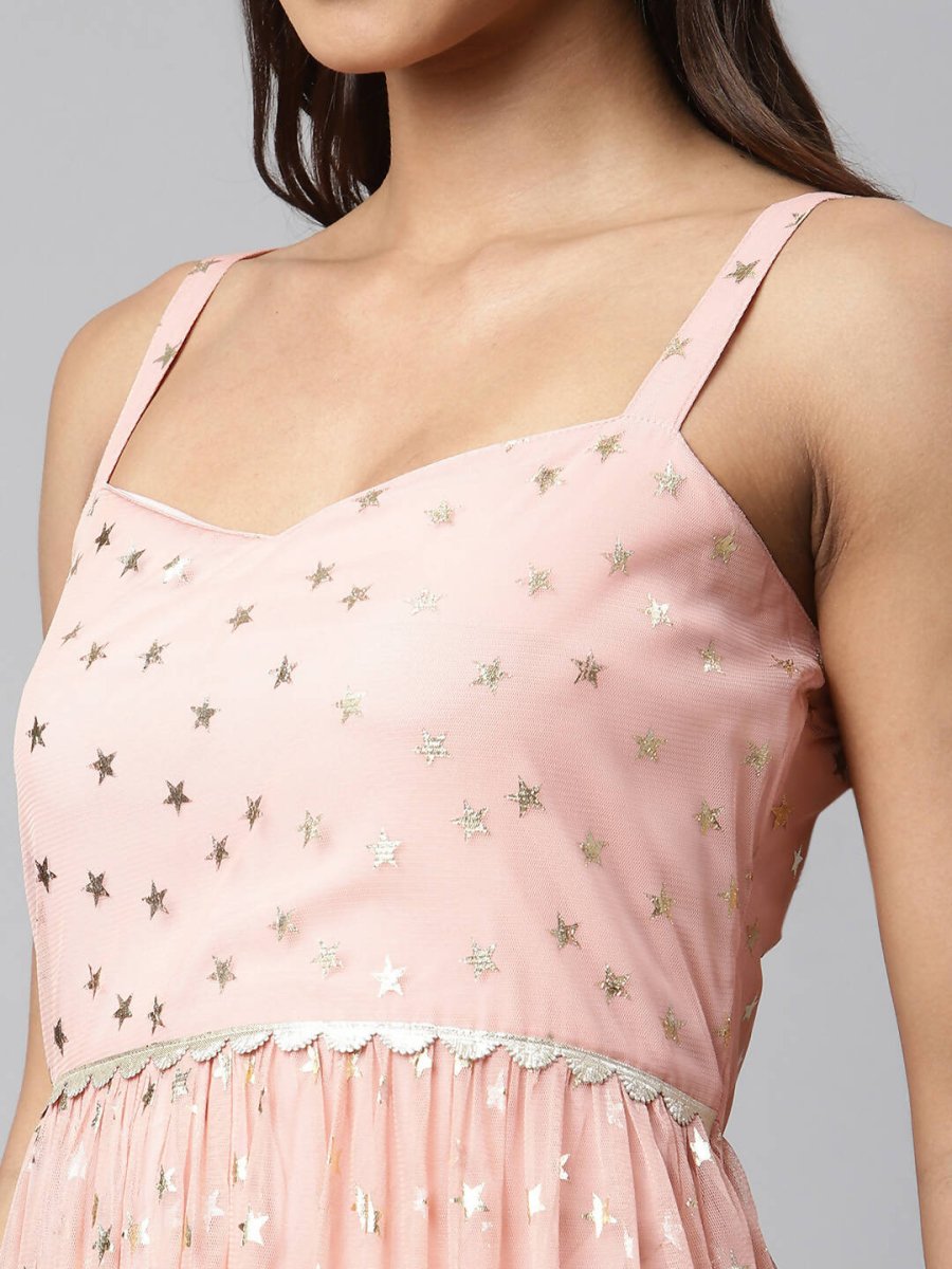 Ahalyaa Women Pink Net Gold Foil Print Dress - Distacart