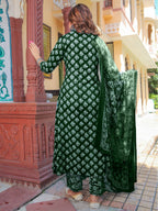 Vamika Poly Rayon Printed Bottle Green Party Wear/Casual Wear/Office Wear Kurta Set/Suit