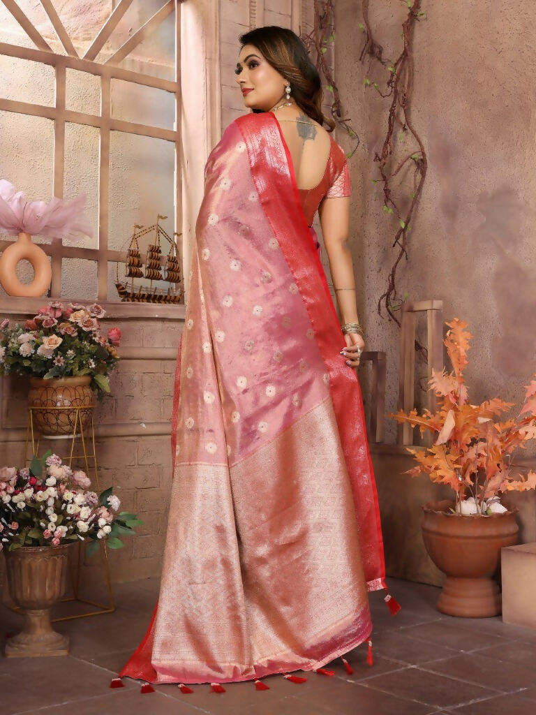 Anaita Peach Tissue Silk With Zari Weaving Saree With Blouse
