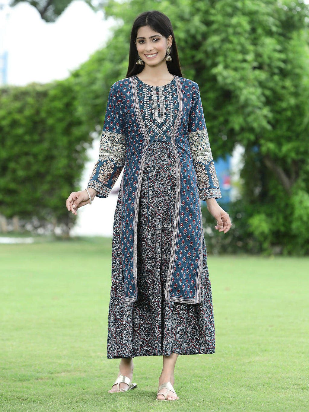 Juniper Women Teal Chanderi Festive Printed Tiered Kurta - Distacart