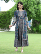 Juniper Women Teal Chanderi Festive Printed Tiered Kurta - Distacart