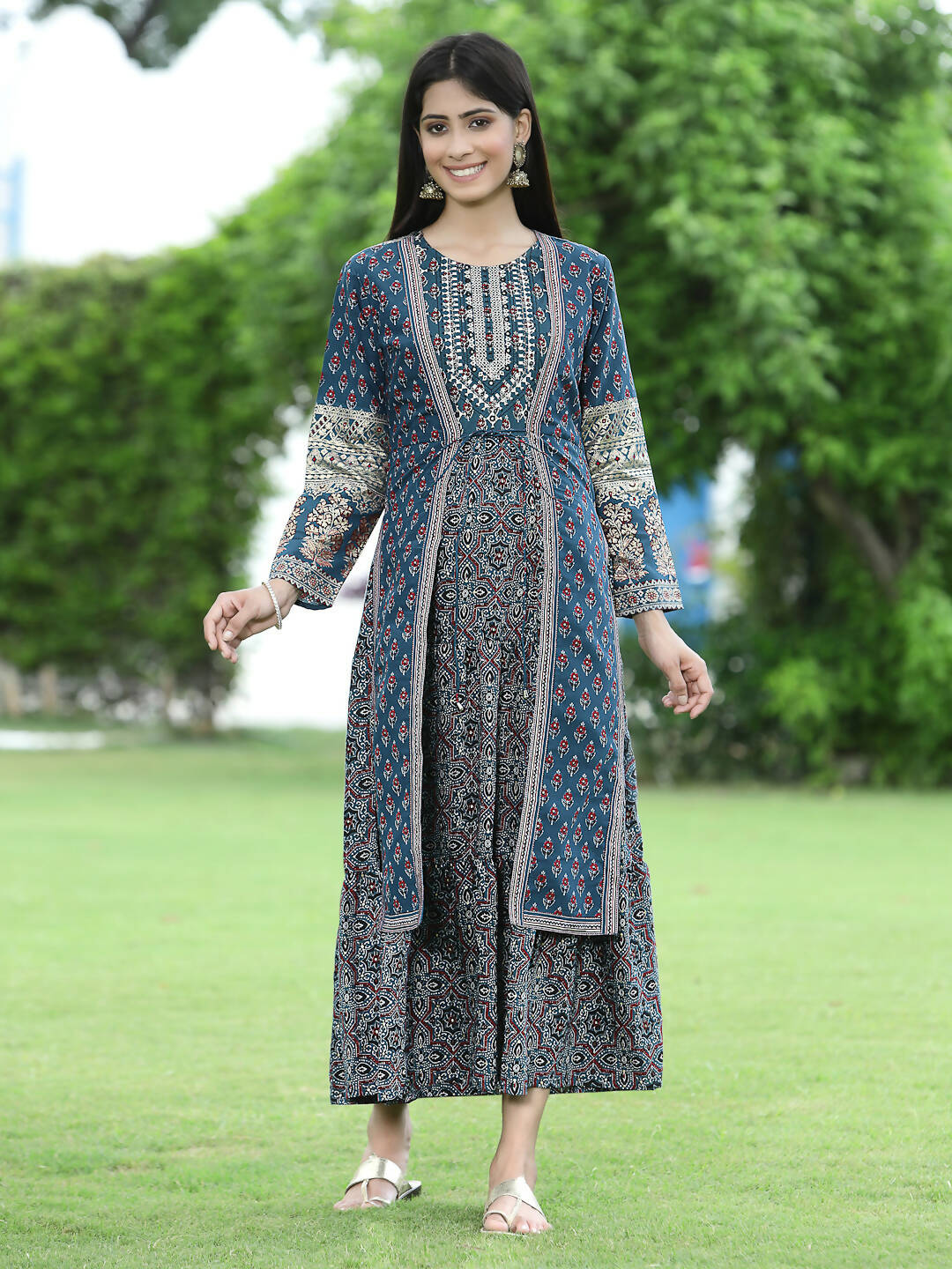 Juniper Women Teal Chanderi Festive Printed Tiered Kurta - Distacart