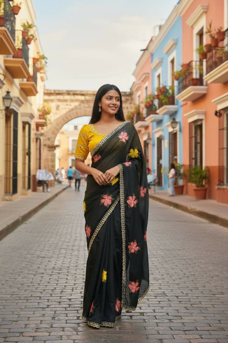 Teeya Creation Black Rangoli Silk Embroidery Work Party Wear Designer Saree