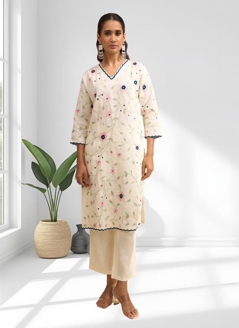 Joban Fashion Cream Linen Embroidered Readymade Long Kurta With Pant - Distacart