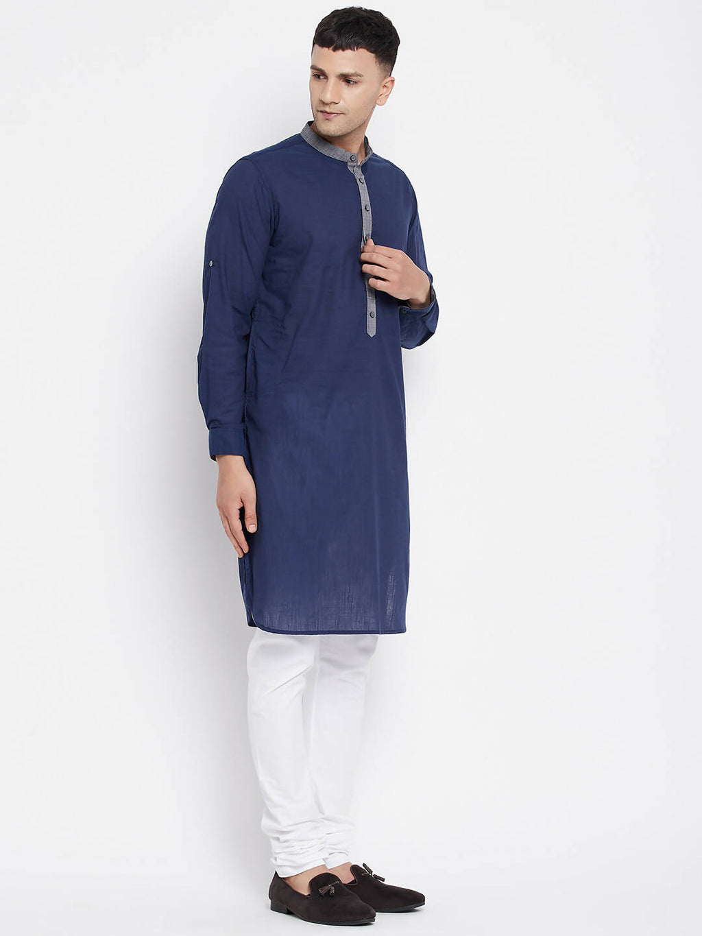 Even Apparels Blue Pure Cotton Men's Kurta With Contrast Collar And Placket - Distacart