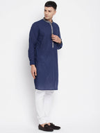 Even Apparels Blue Pure Cotton Men's Kurta With Contrast Collar And Placket - Distacart