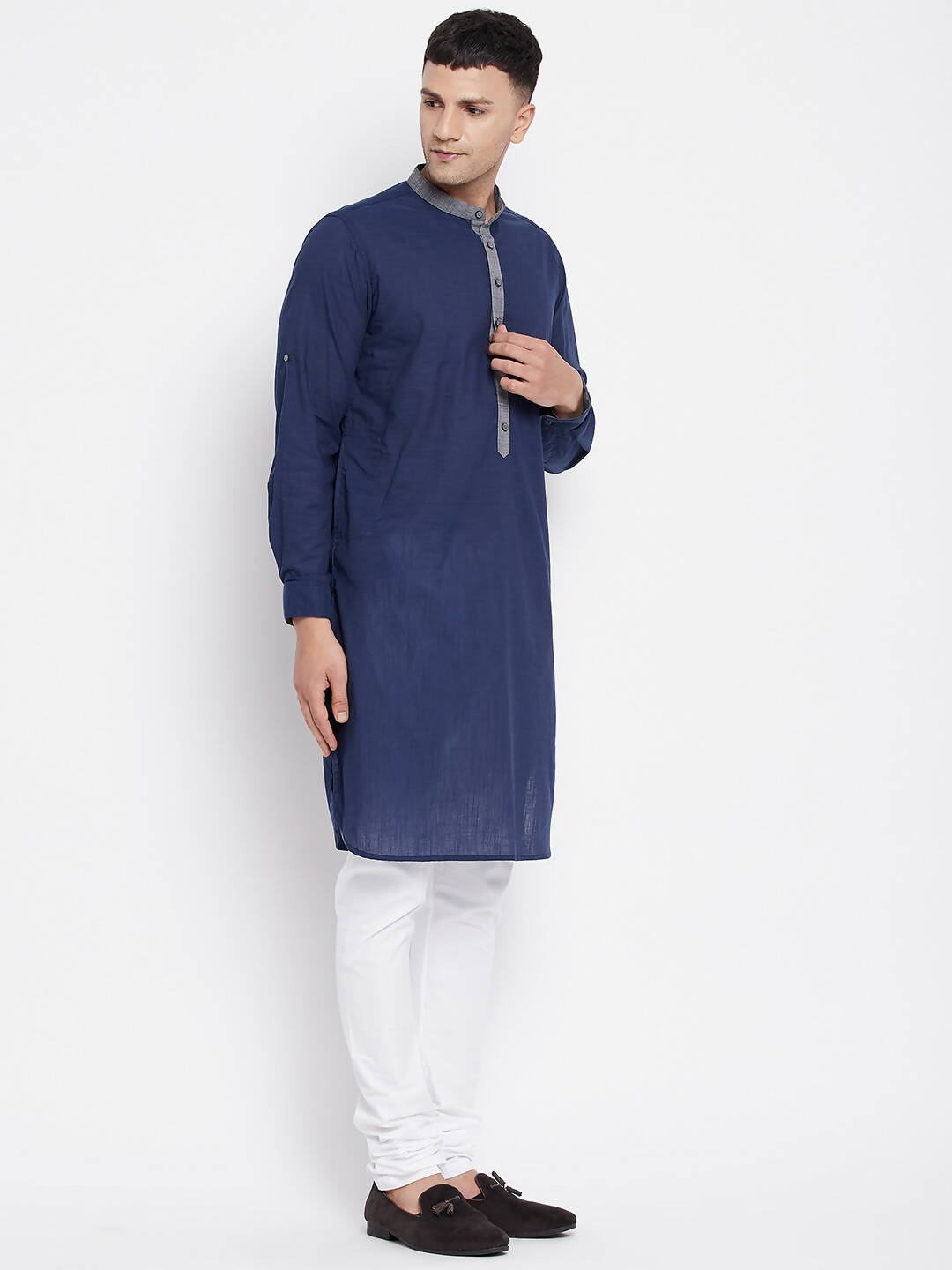 Even Apparels Blue Pure Cotton Men's Kurta With Contrast Collar And Placket - Distacart