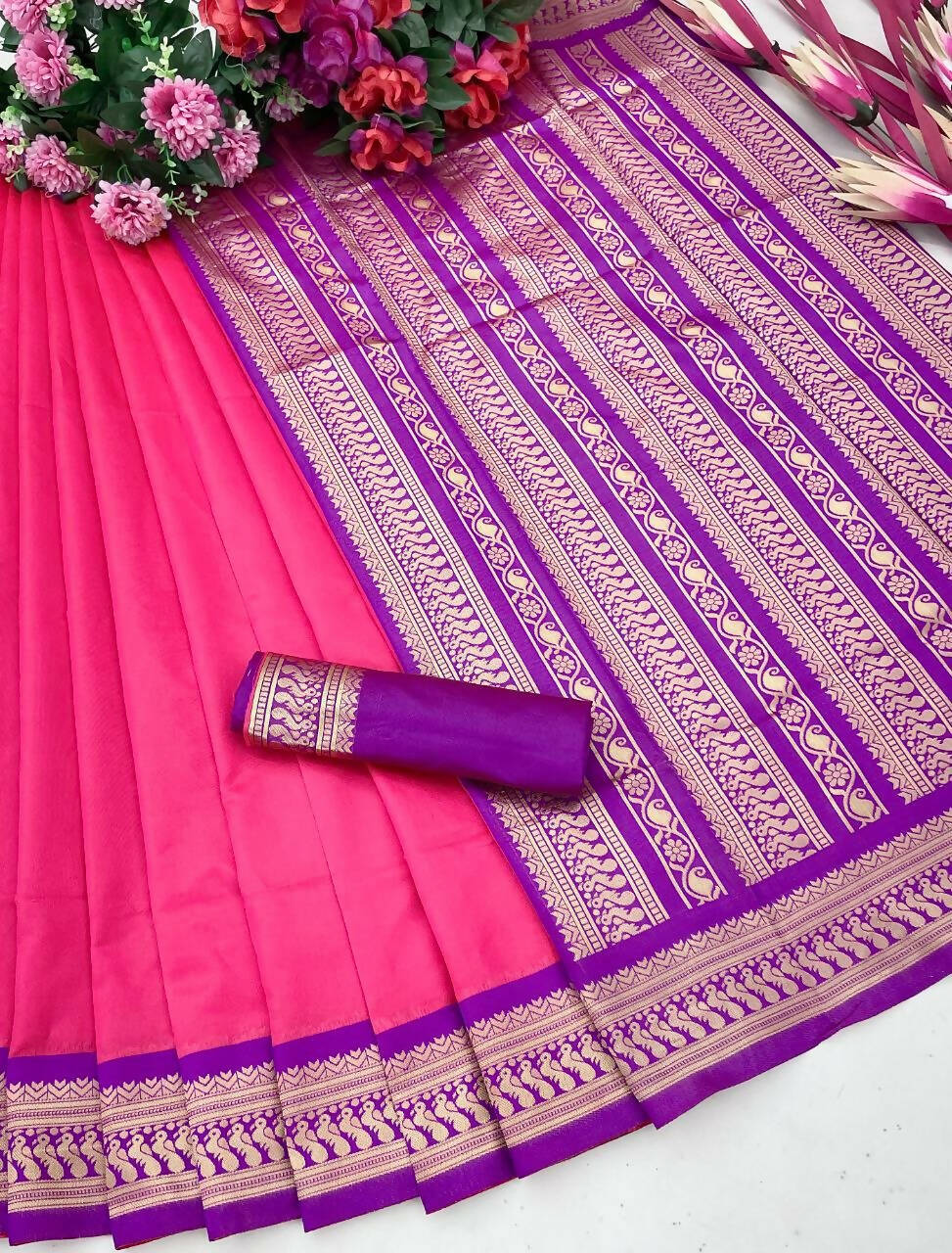 DEIANA'S Beautiful Designer Golden zari Soft Lichi Silk Saree - Pink