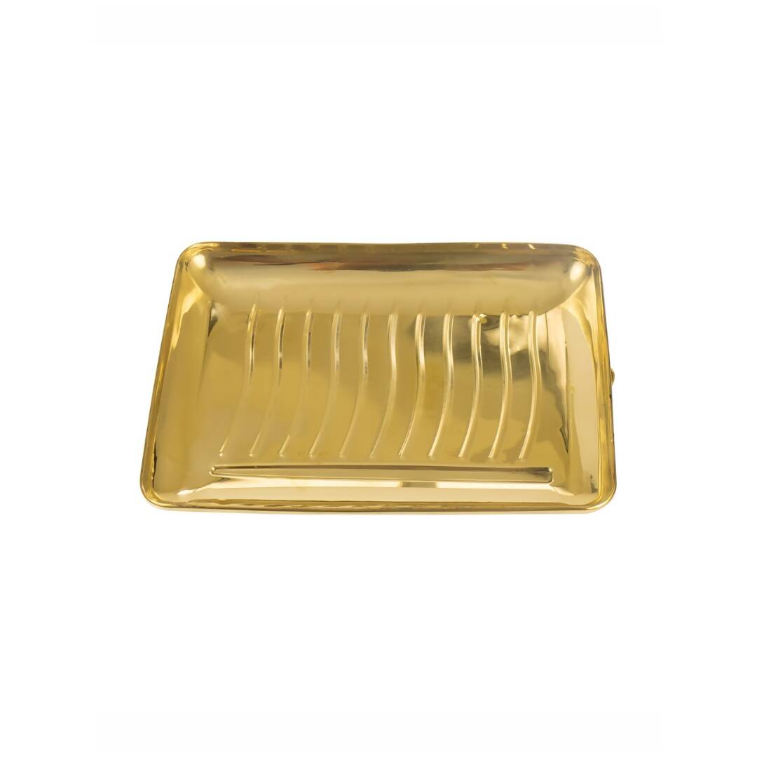 Spillbox Gold-Toned Brass Rectangular Lines Thali Pooja Essential