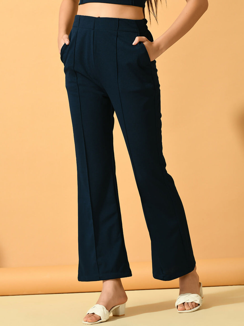 Myshka Women's Navy Blue Flared Party Trouser