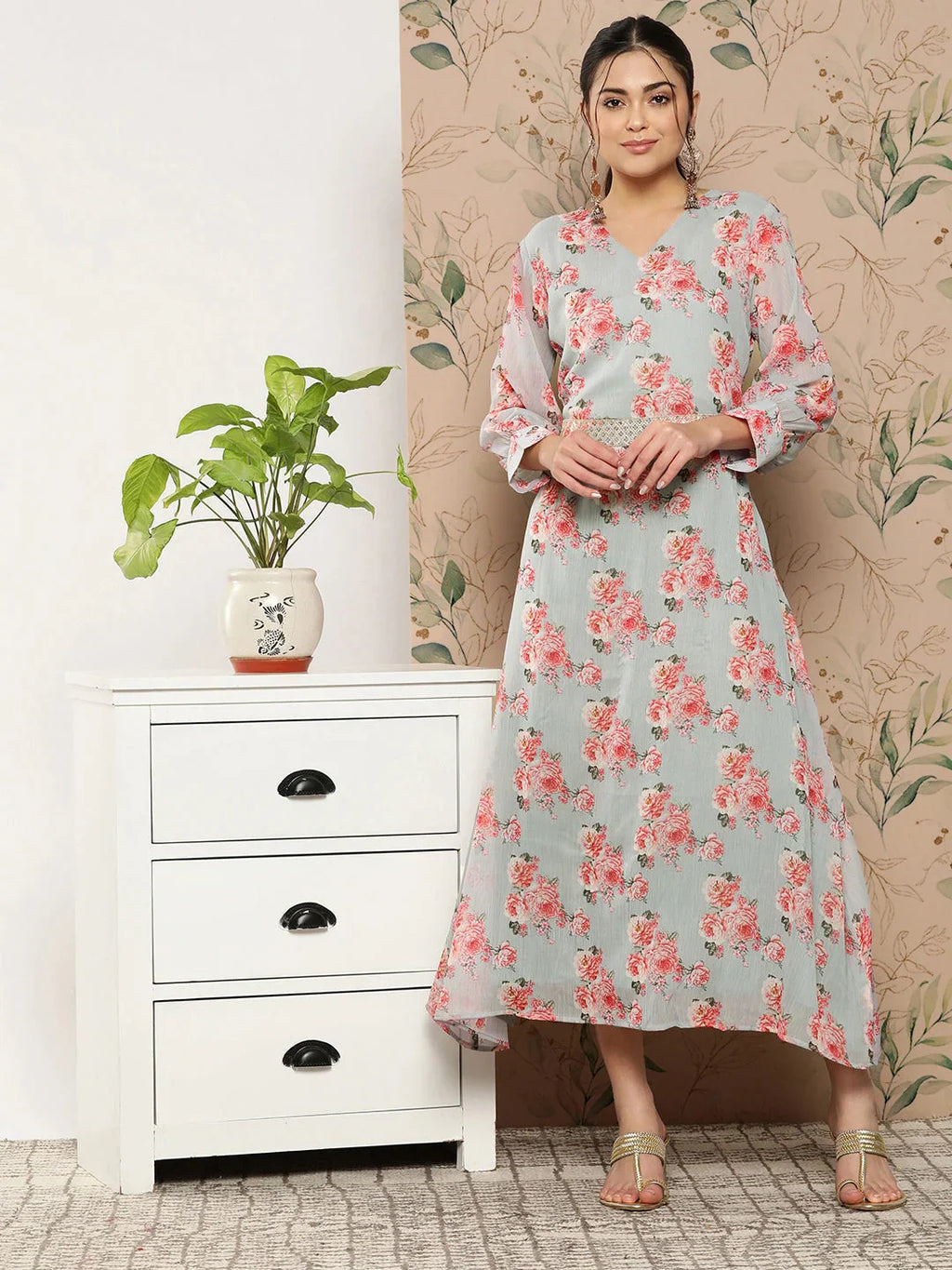 Yufta Floral Chiffon A-Line Midi Dress - Distacart