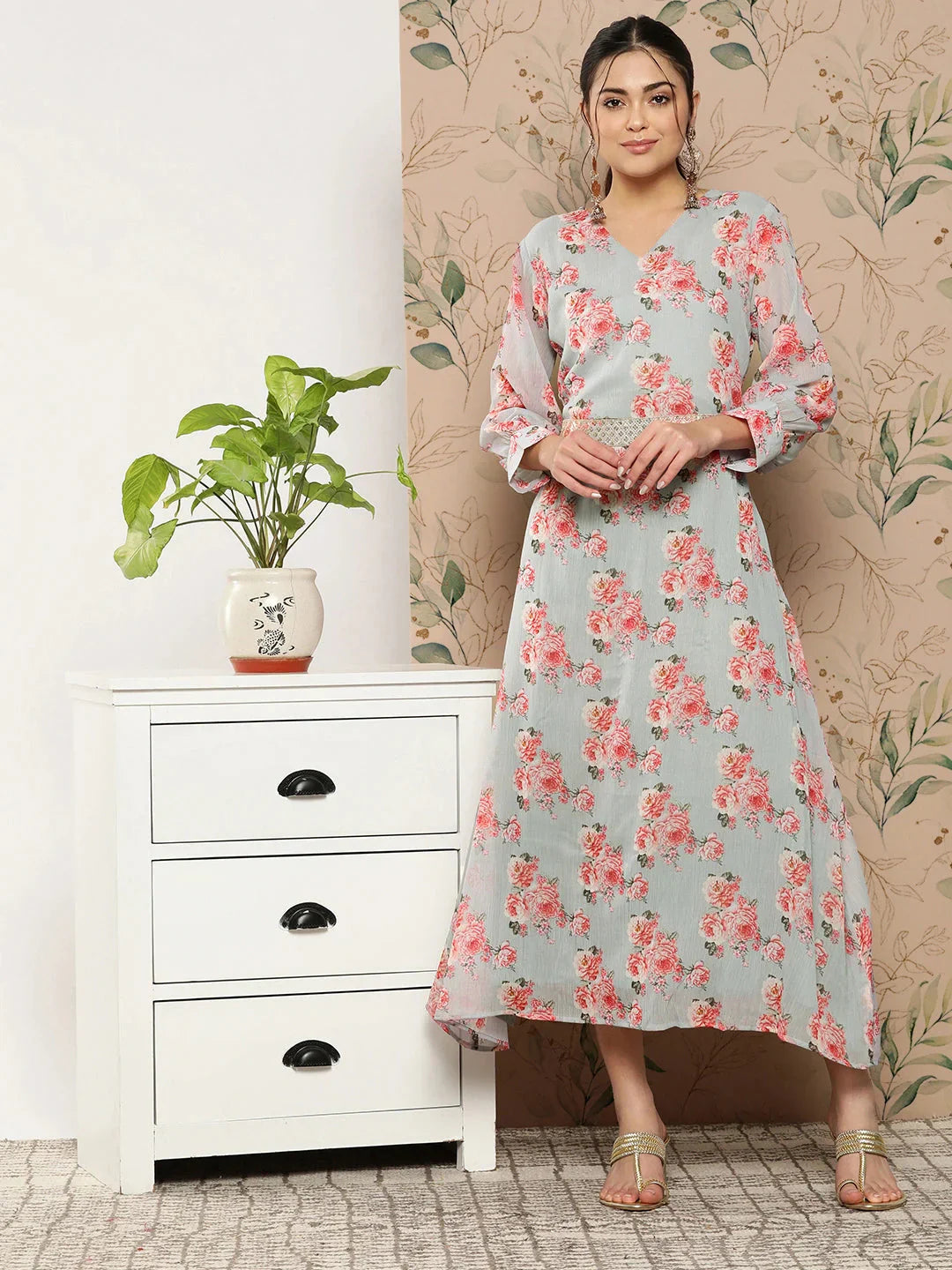 Yufta Floral Chiffon A-Line Midi Dress - Distacart