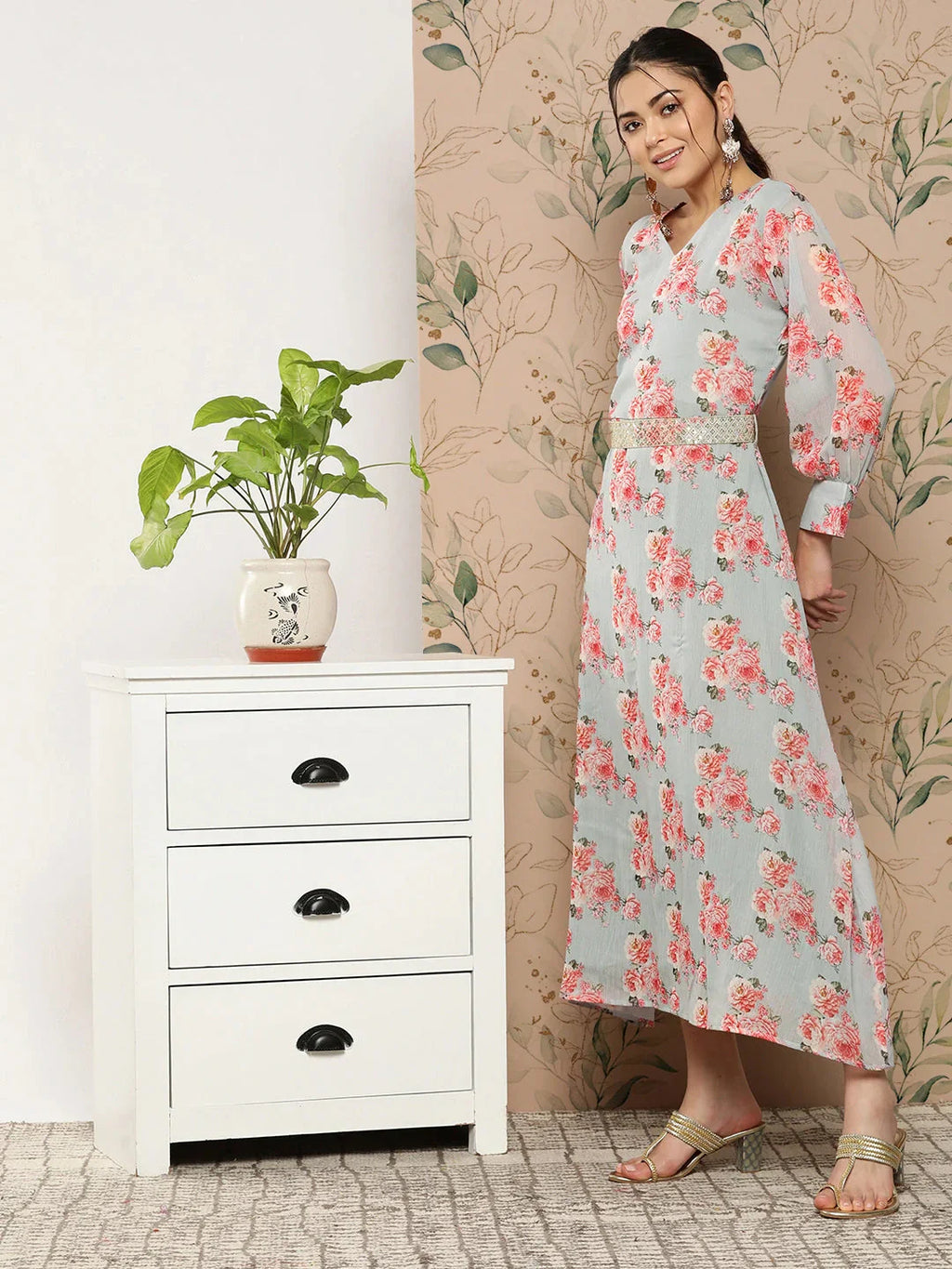 Yufta Floral Chiffon A-Line Midi Dress - Distacart