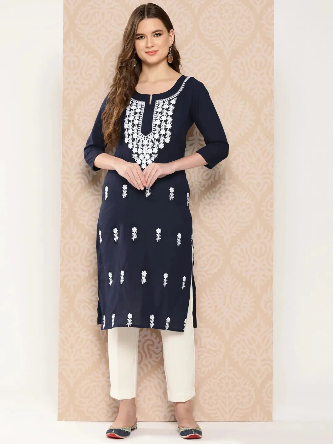 Yufta Floral Yoke Design Chikankari Kurta