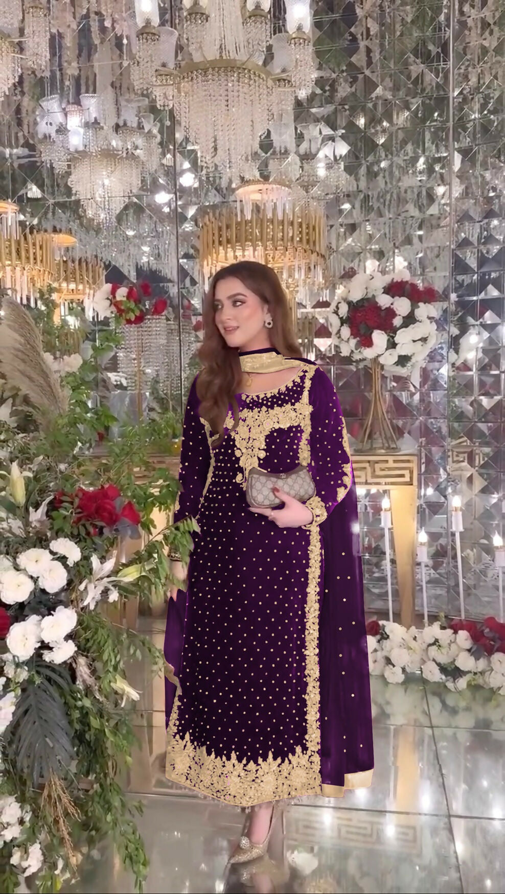 Joban Fashion Purple Velvet Sequence Embroidery Work Kurta Set - Distacart