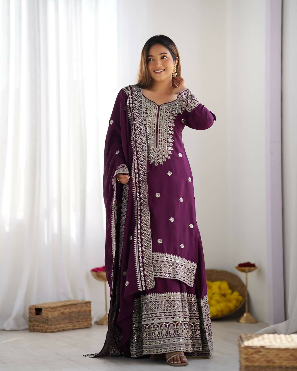 Joban Fashion Wine Kurta Set Silk Sequins , Zari, Coding & Thread Embroidered work - Distacart