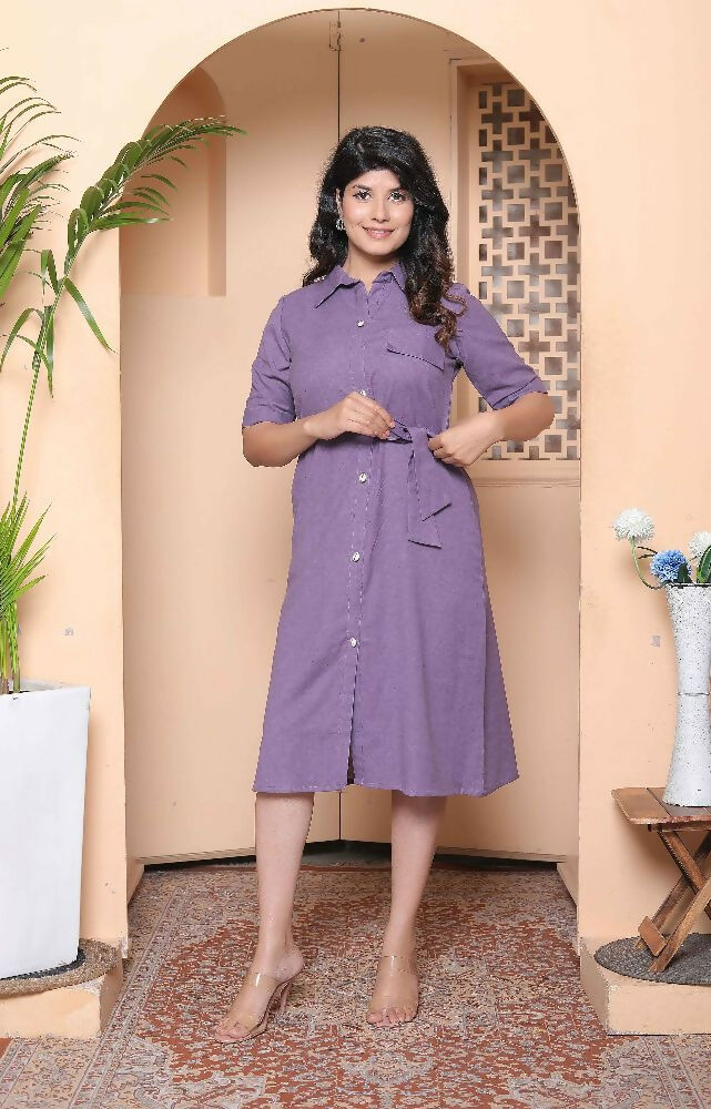 Miravan Womens Purple Solid Half Sleeve Midi Dress With Belt