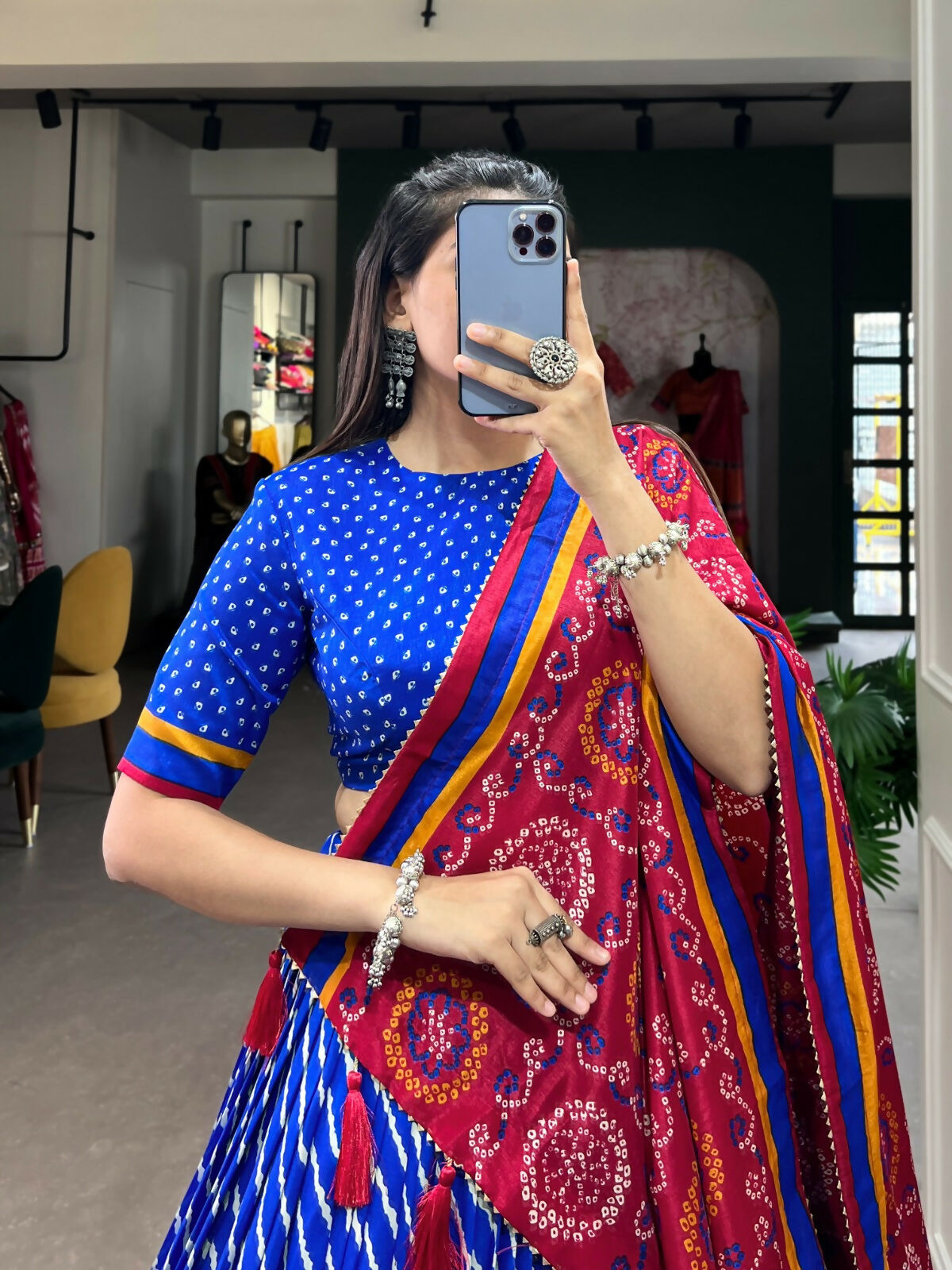 Vastranavya Cultural Leheriya With Patola Print Border Tussar Silk Lehenga Choli - Royal Blue