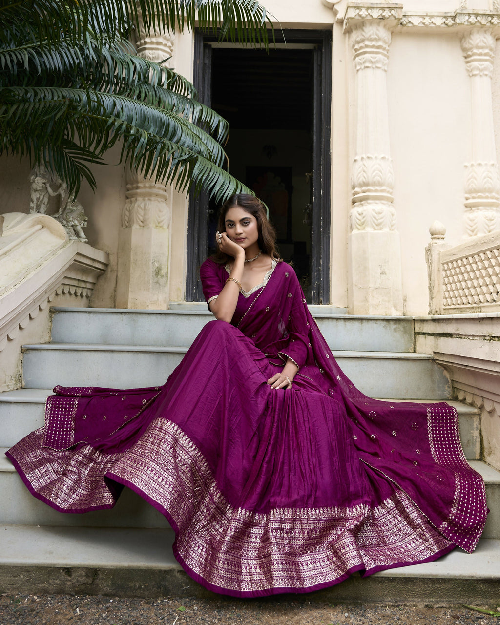 Lorenvalley Wine Pure Chanderi Plain With Zari Weaving Work Border Lehenga Choli