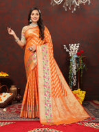 Lorenvalley Fashion Orange Soft Silk Woven Design with Zari Weaving Leheriya Design Saree