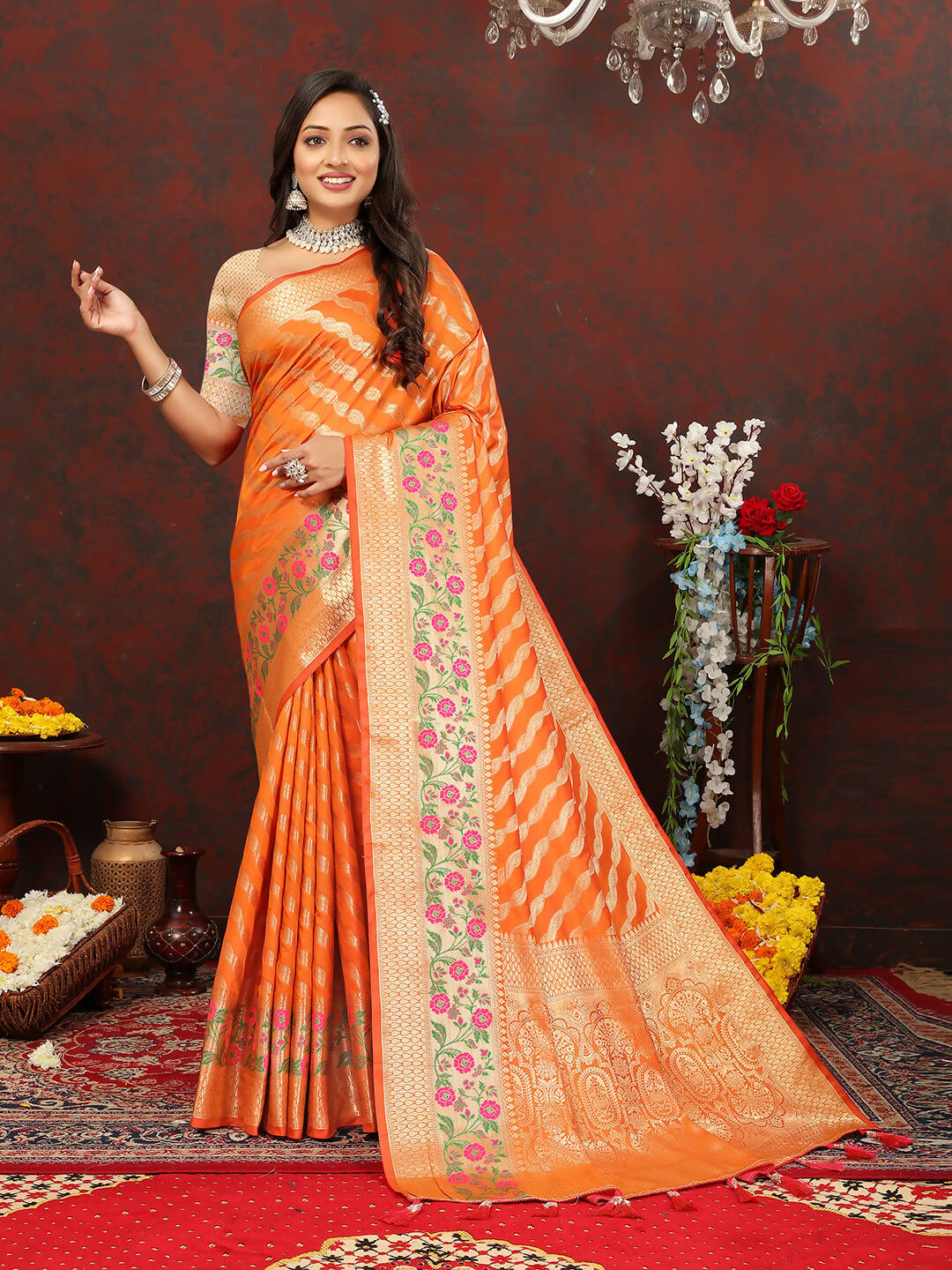 Lorenvalley Fashion Orange Soft Silk Woven Design with Zari Weaving Leheriya Design Saree