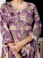 Miravan Women's Purple Flower Printed With Beautiful Lace Border Details Anarkali Kurta