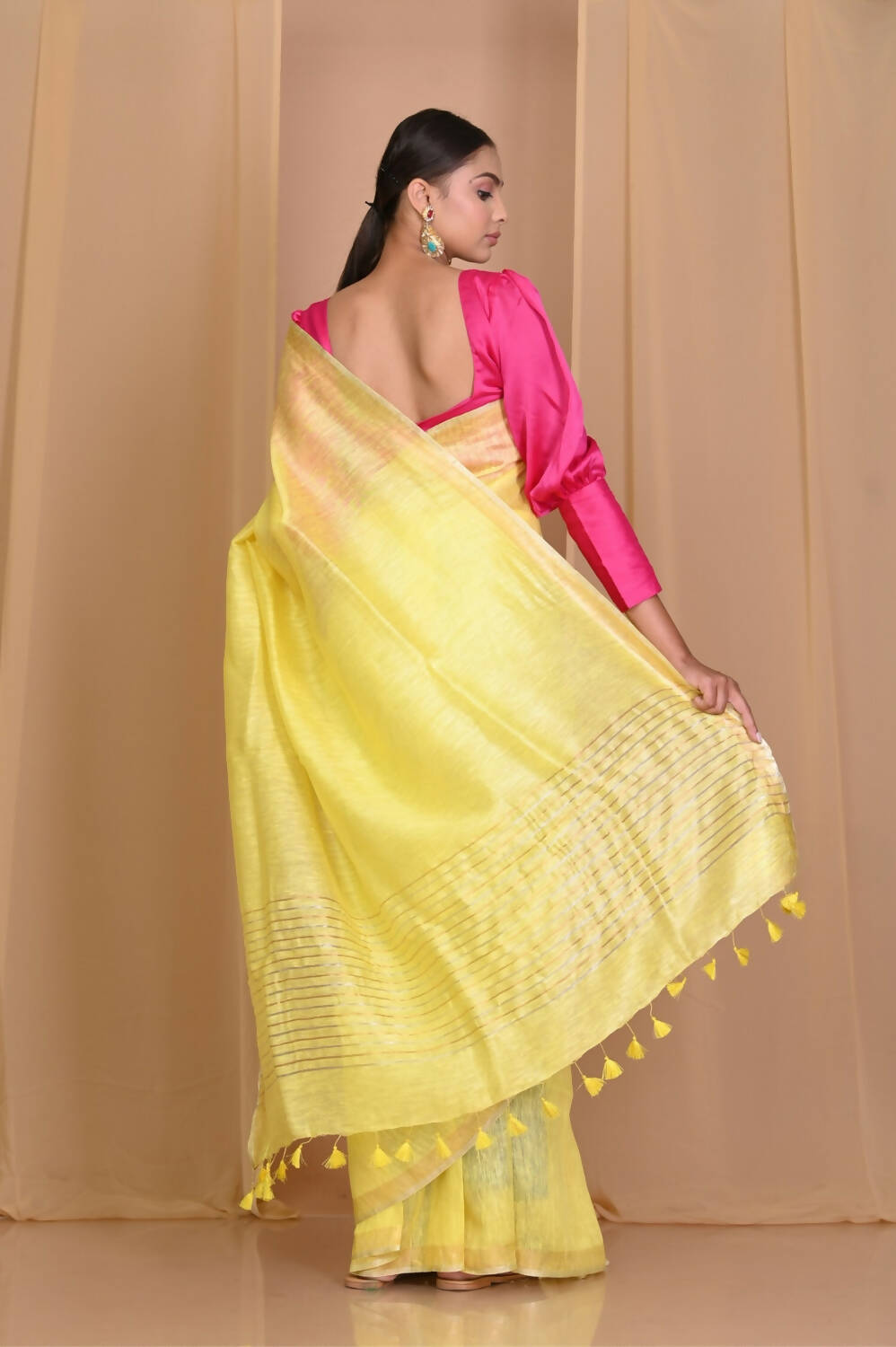 Very Much Indian Pure Linen Silk Saree With Sleek Border - Yellow - Distacart