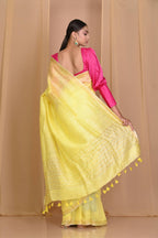 Very Much Indian Pure Linen Silk Saree With Sleek Border - Yellow - Distacart