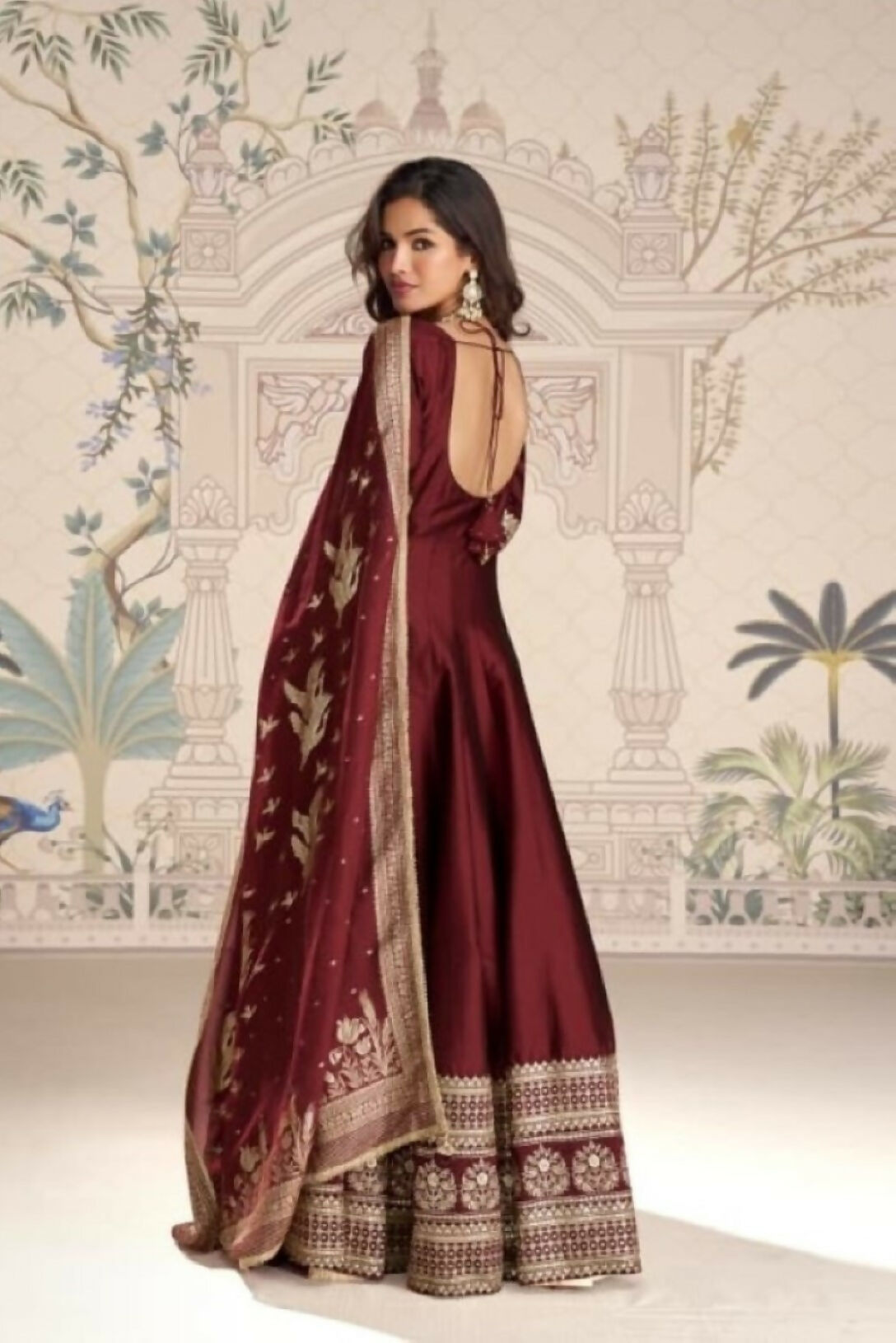 Anaita Maroon Vichitra Silk Anarkali Suit with Embroidery Sequins - Distacart