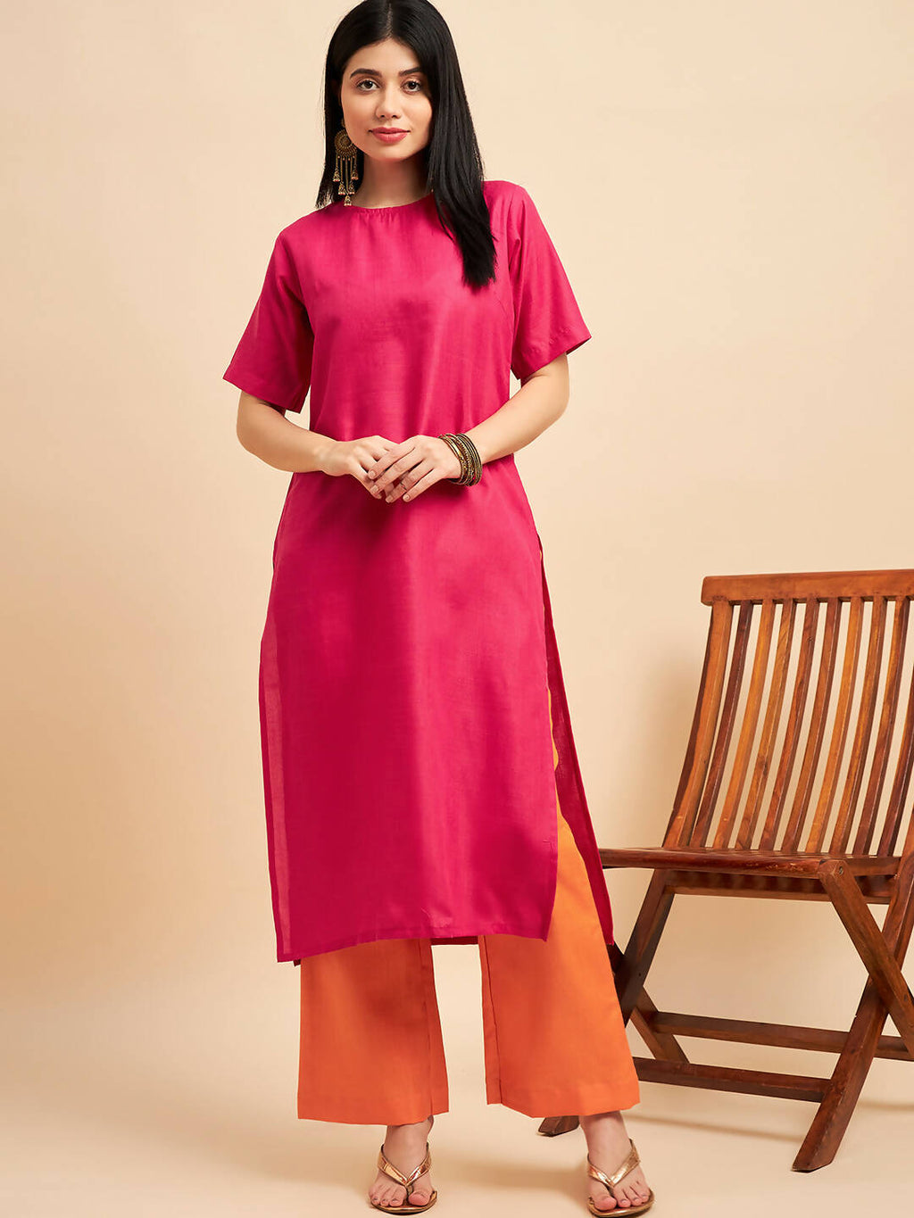 Pink Polyester solid Kurta with Palazzos - Vishwa