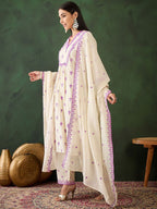 Sangria Purple Floral Embroidered Thread Work Pure Cotton Kurta & Palazzos With Dupatta