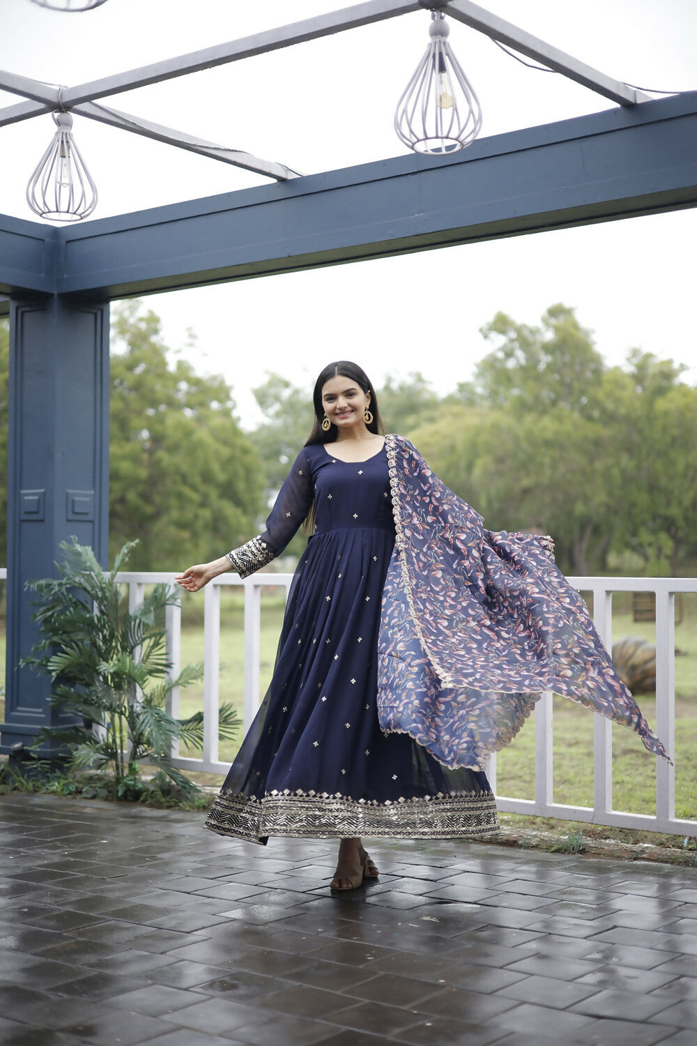 Aayaa Designer Embroidery Zari Sequins-Work Faux Blooming Georgette Suit - Navy Blue - Distacart