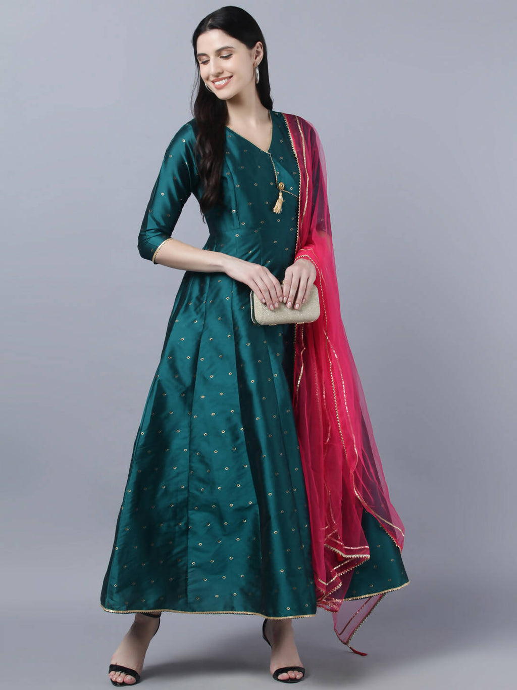 Myshka Green Red Ethnic Motifs Ethnic Anarkali Dress With Dupatta - Distacart