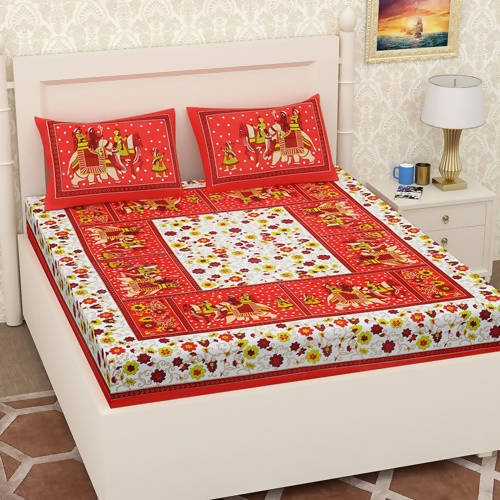 Vamika Printed Cotton Red & Multicolor Beautiful Design Bedsheet With Pillow Covers (LEOC_HTHY_R)