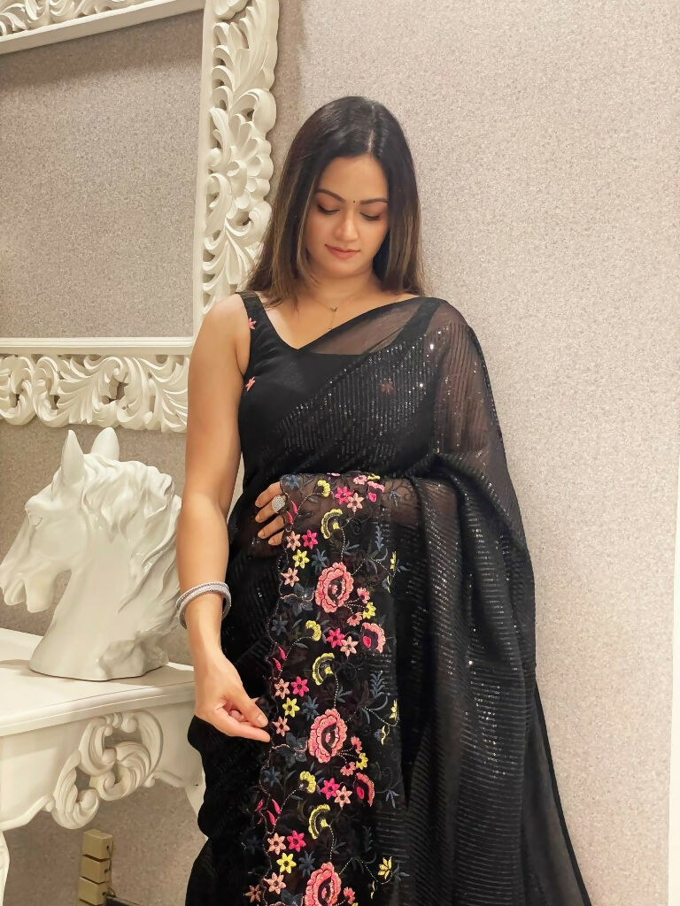 Black Shimmer Silk Multi Thread Sequence Embroidery Work Saree - Kashta