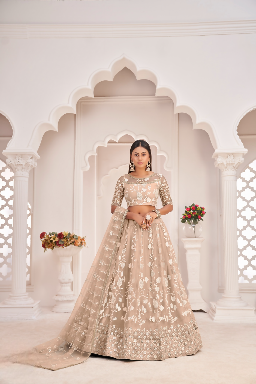 Eilara Women'S Dusty Chiqu Butterfly Net White Cotton Thread And Zari Sequence Embroidered Work Lehenga Choli For Party Wear